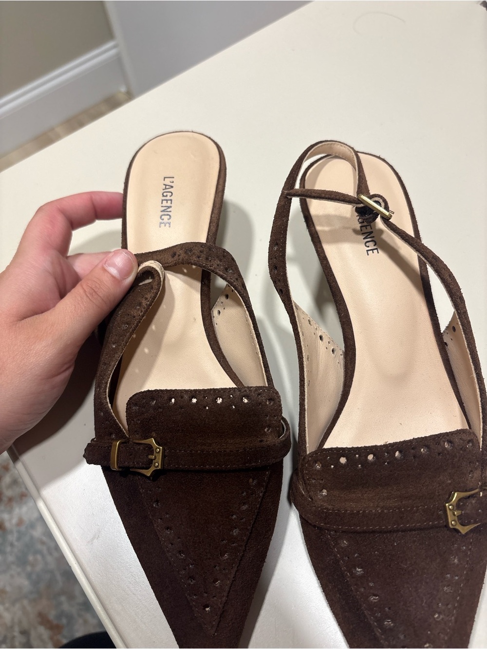 L'AGENCE Dark Brown Suede Pointed Slingback Flats - Picture 7 of 8